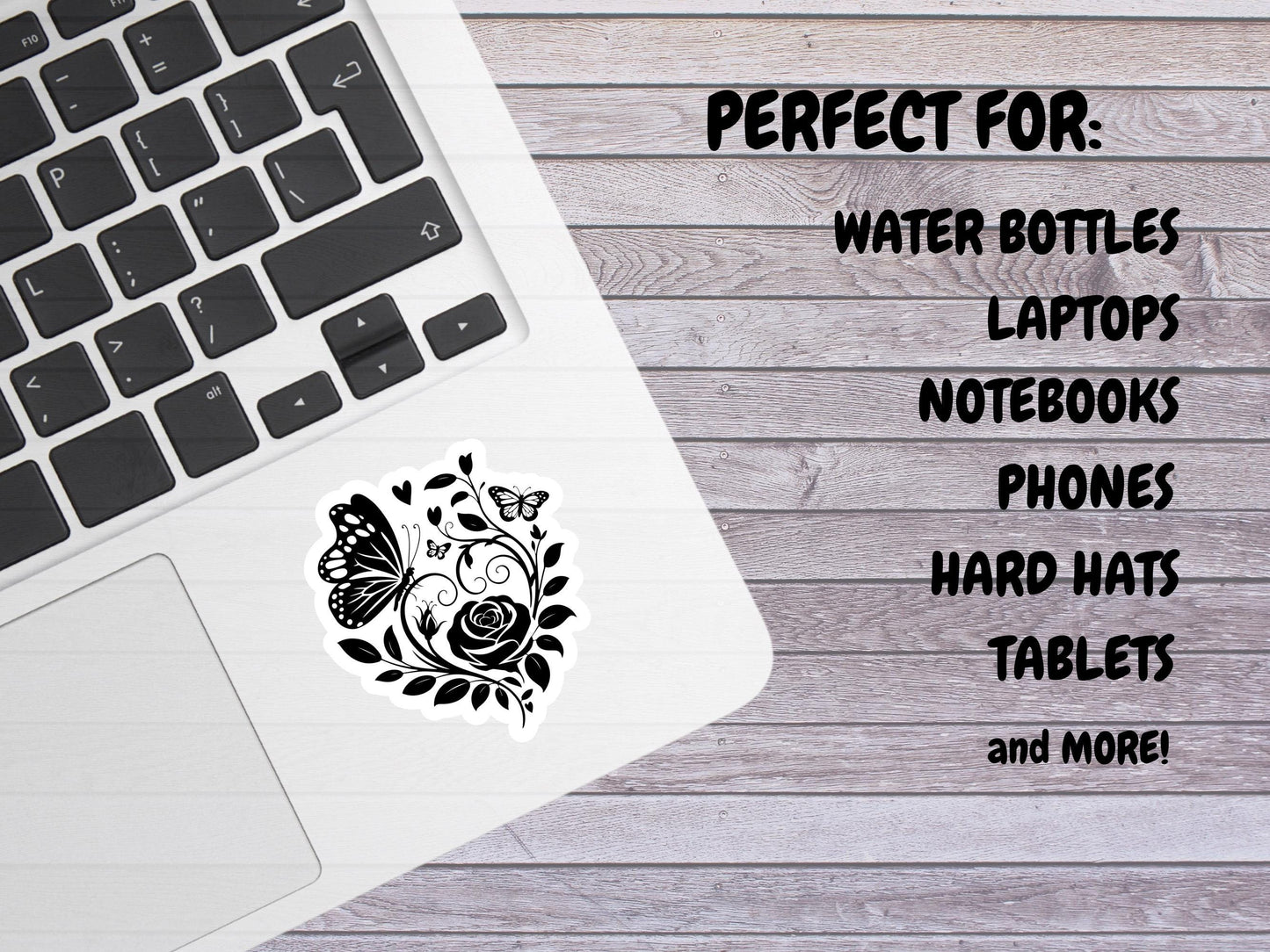 Black Outline Butterfly And Rose Sticker