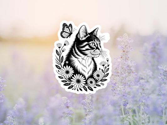 Black Outline Floral Cat And Butterfly Sticker