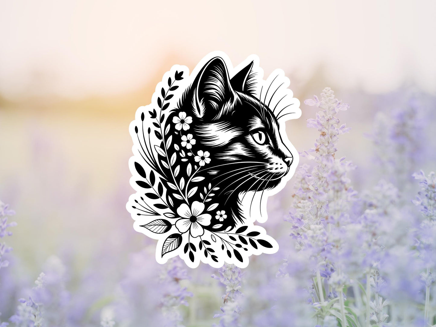 Black Cat Outline With Flowers Sticker