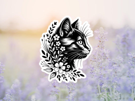 Black Cat Outline With Flowers Sticker