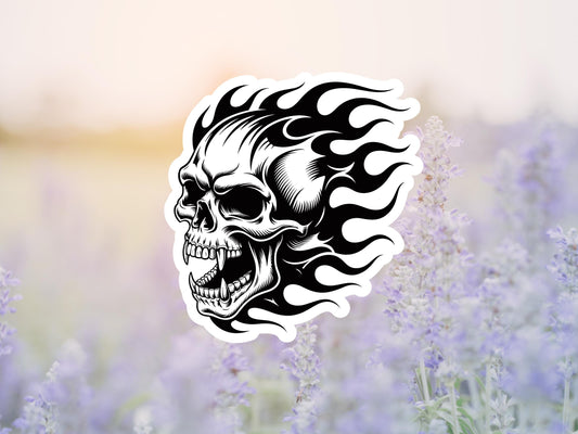 Black Outline Skull With Flames Sticker