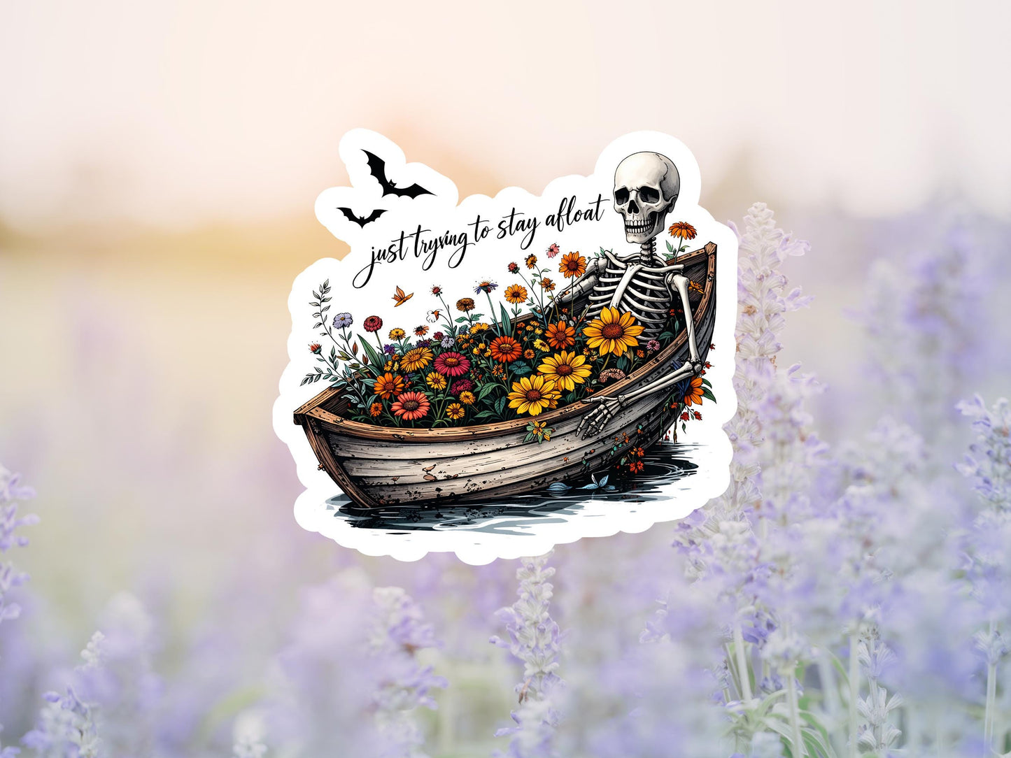 Just Trying To Stay Afloat Skeleton With Flowers Sticker