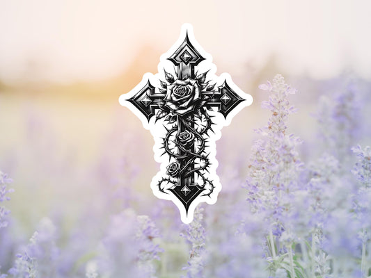Dark Gothic Cross And Rose With Vine Sticker