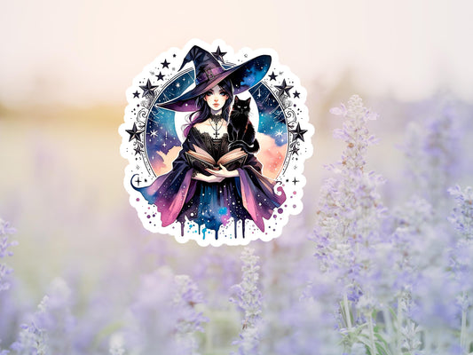 Gothic Watercolor Witch And Black Cat Reading Sticker
