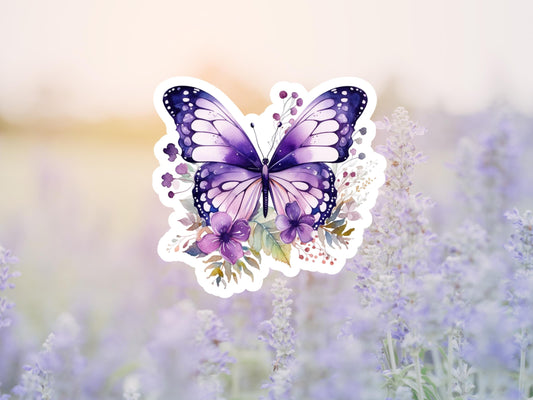 Purple Watercolor Butterfly With Flowers Sticker
