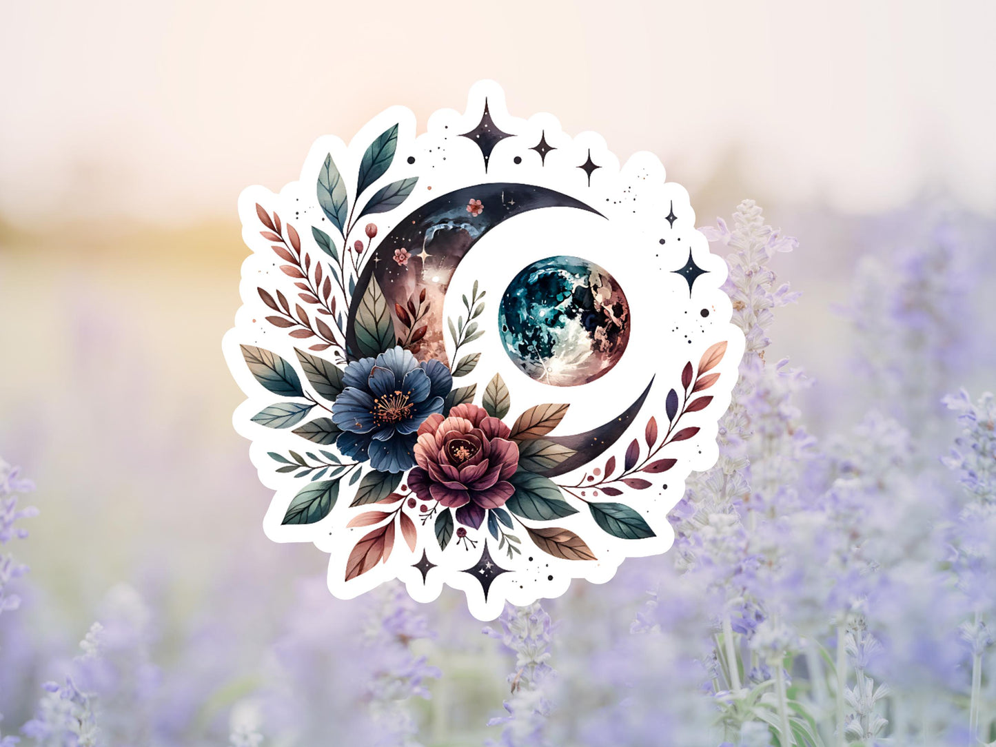 Watercolor Moon And Flowers Sticker