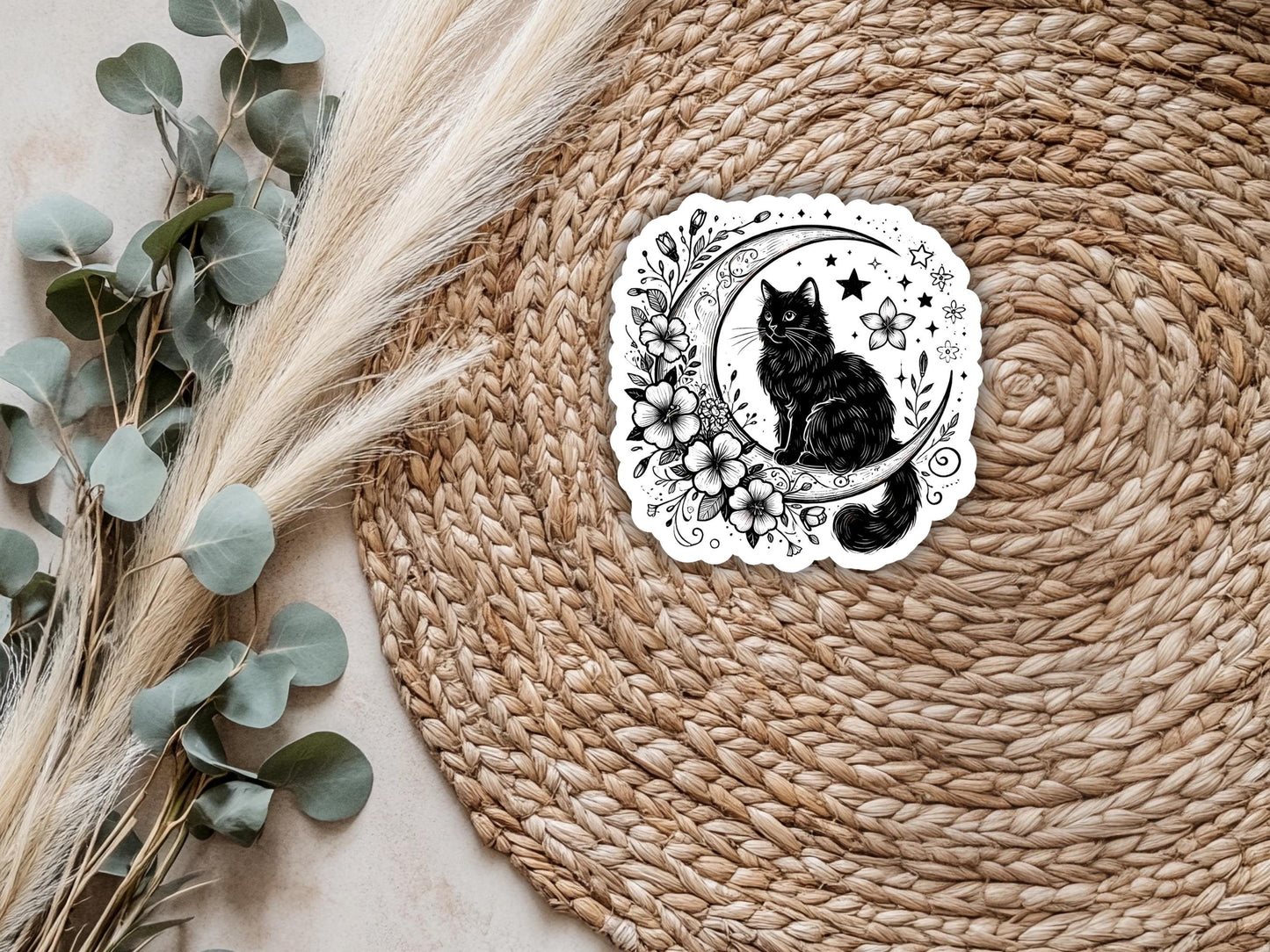 Black Cat Sitting On Moon With Flowers Sticker