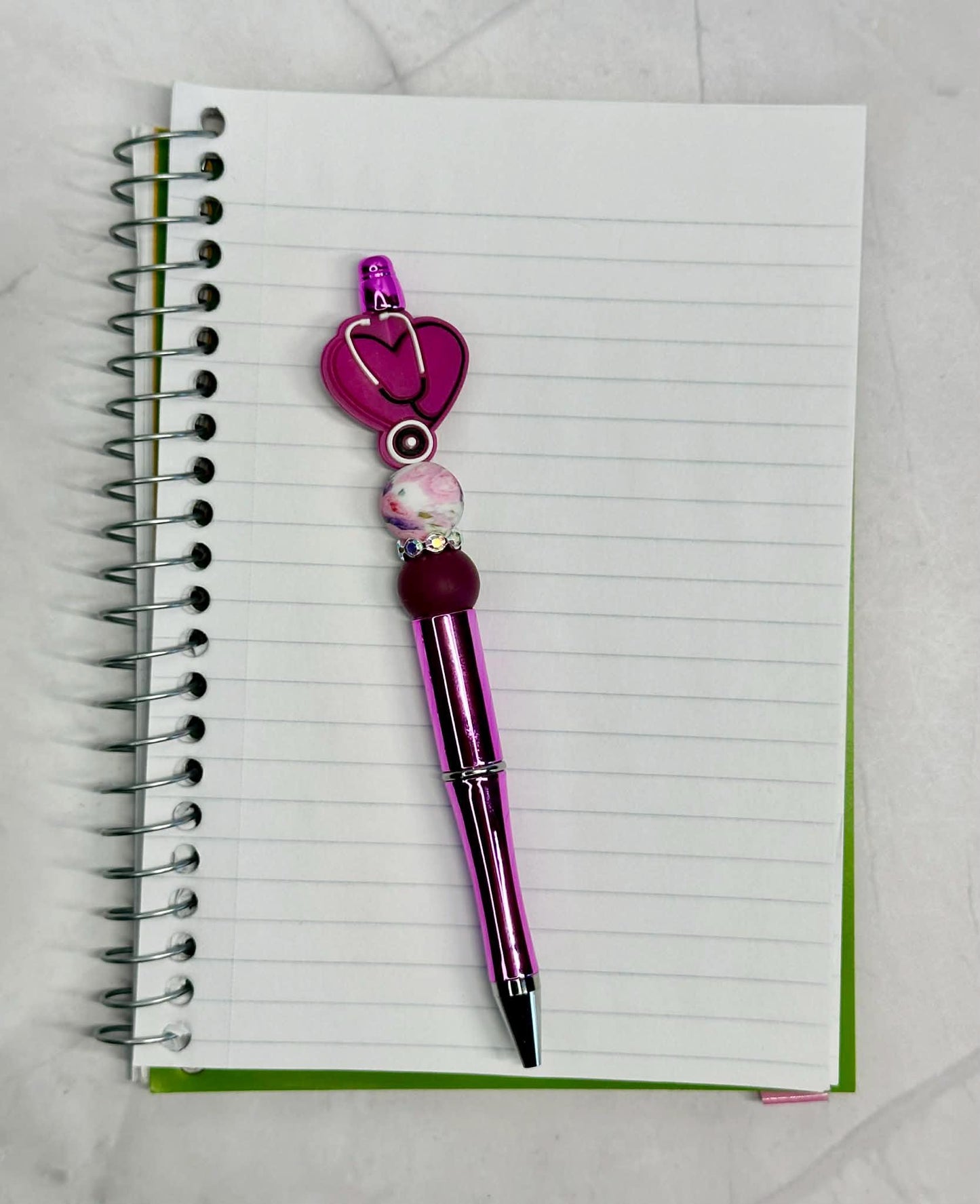 Nurse Heart With Stethoscope Magenta/Pink Beaded Ink Pen