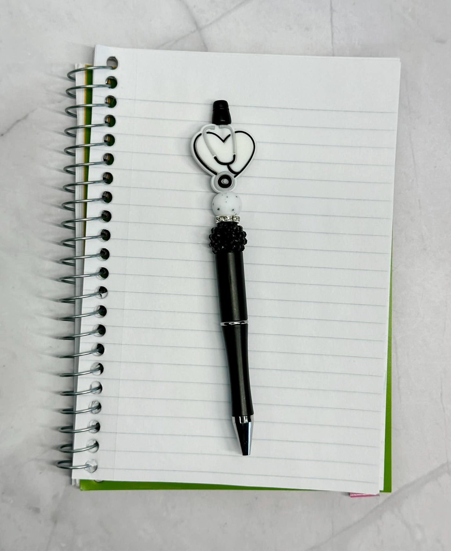 White Nurse Heart with Stethoscope Beaded Ink Pen