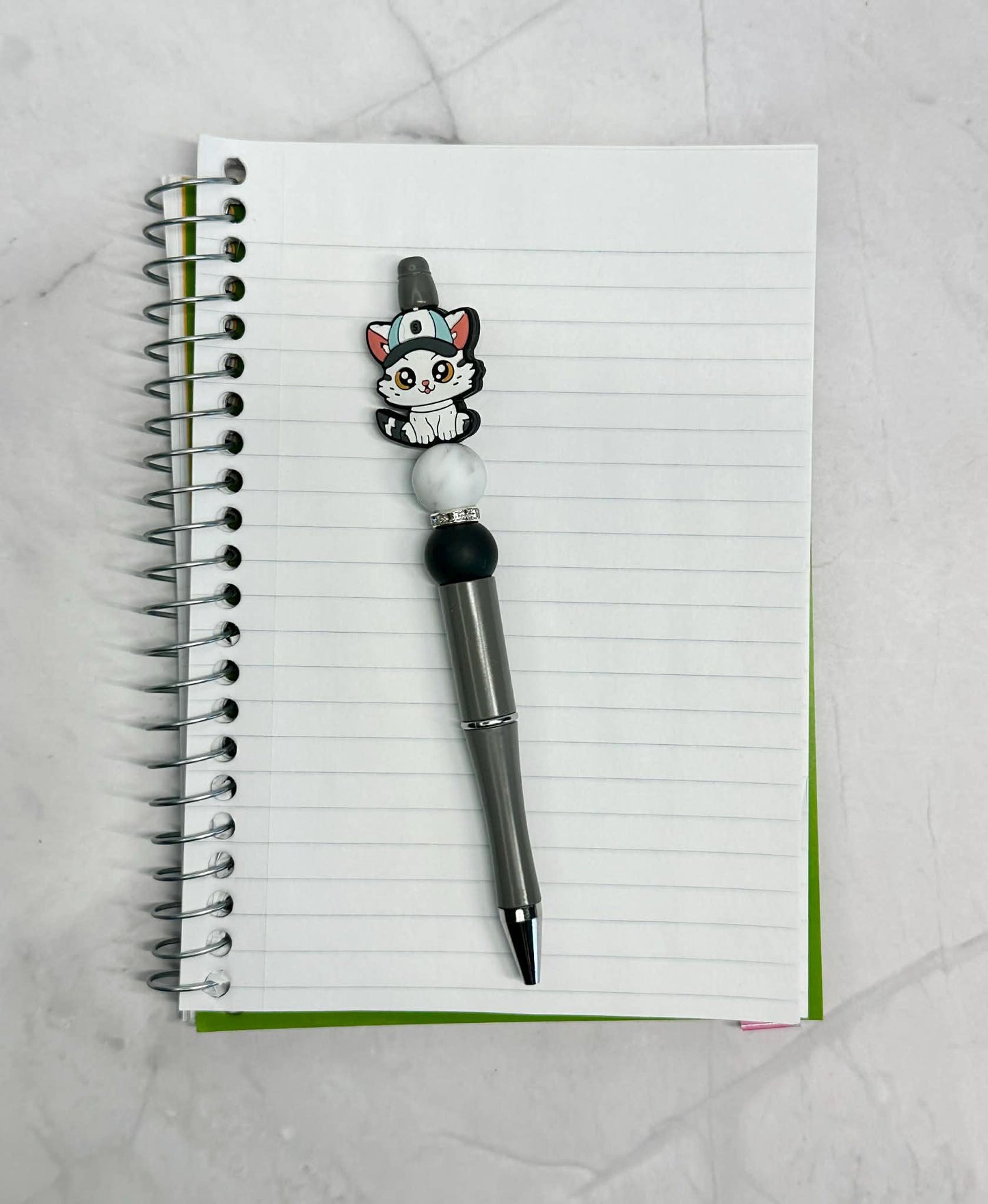 White Cat With Baseball Cap Beaded Ink Pen