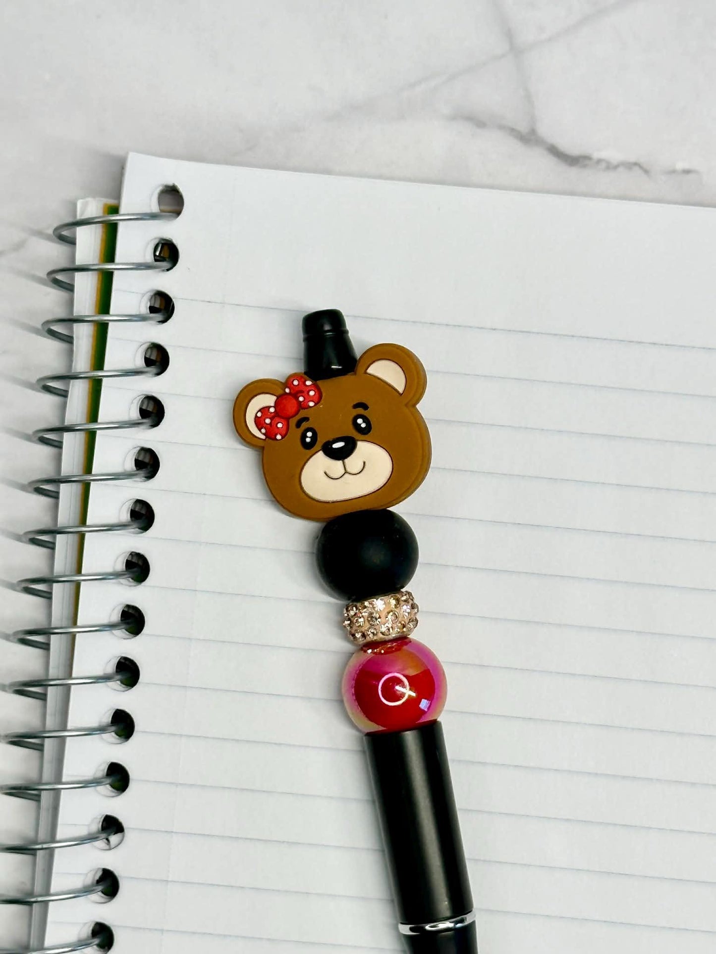 Brown Bear With Red Bow Beaded Ink Pen