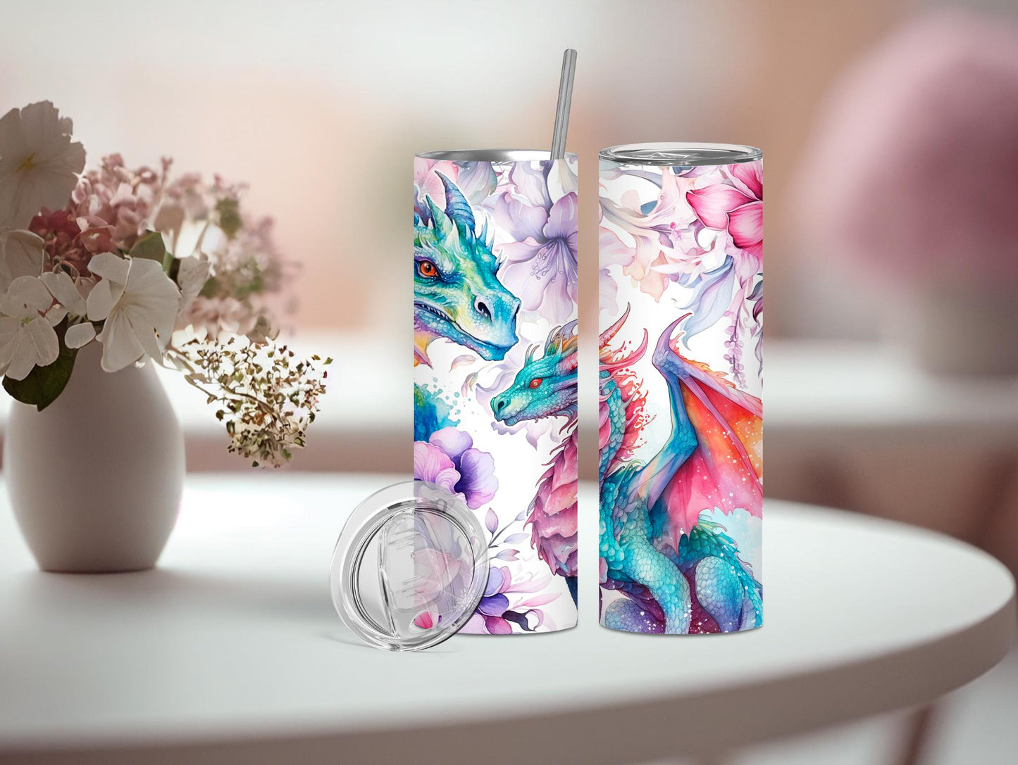 Watercolor Dragon And Flowers 20oz Tumbler