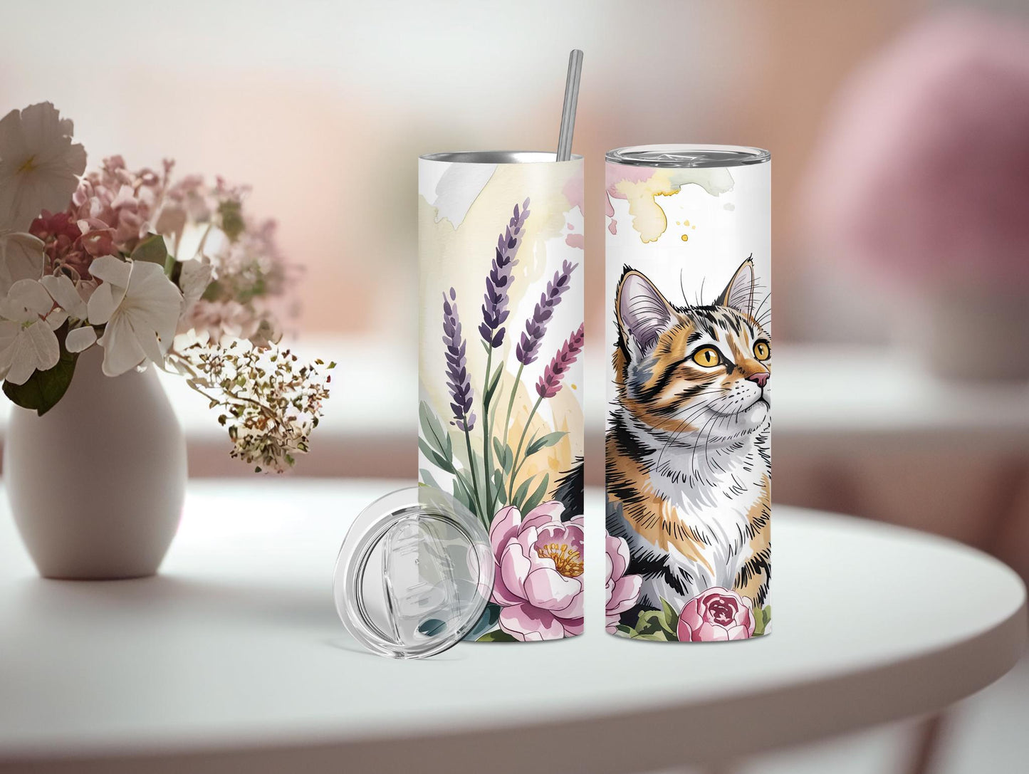 Watercolor Cat In Flowers 20oz Tumbler