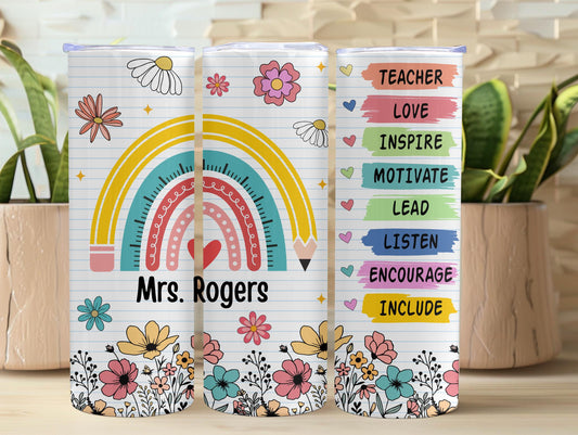 Teacher Pencil Rainbow And Floral Personalized 20oz Tumbler
