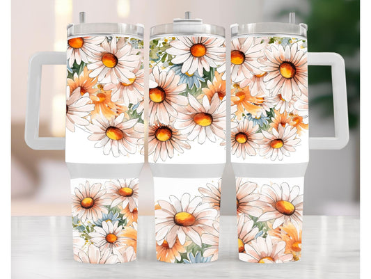 White Watercolor Daisies 40oz Tumbler