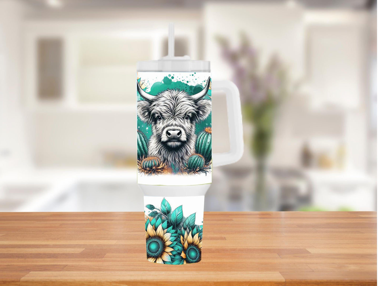 Teal And Yellow Sunflowers With Highland Cow 40oz Tumbler