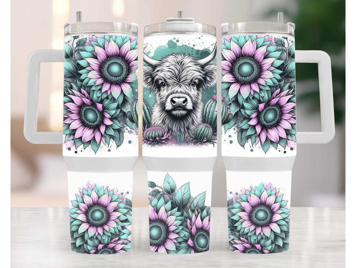 Purple And Teal Sunflower Highland Cow 40oz Tumbler