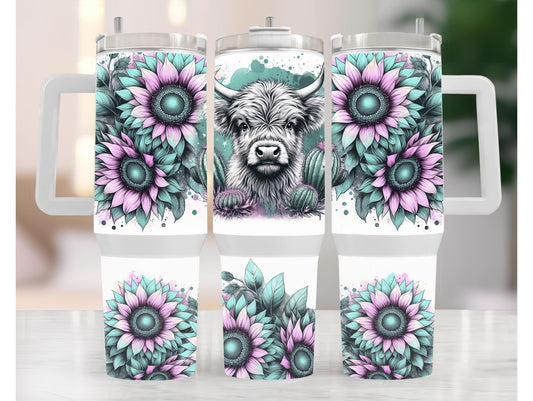 Purple And Teal Sunflower Highland Cow 40oz Tumbler