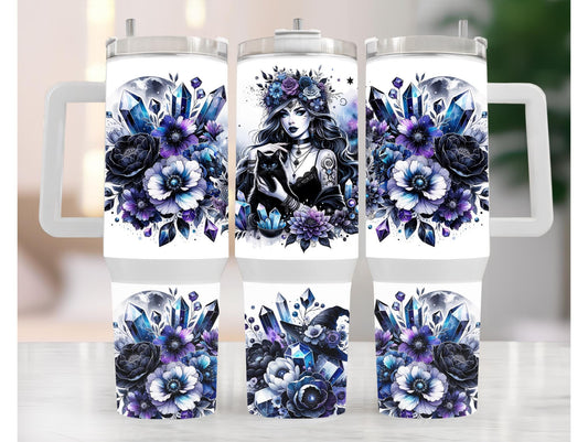 Purple And Black Witchy Girl With Black Cat 40oz Tumbler