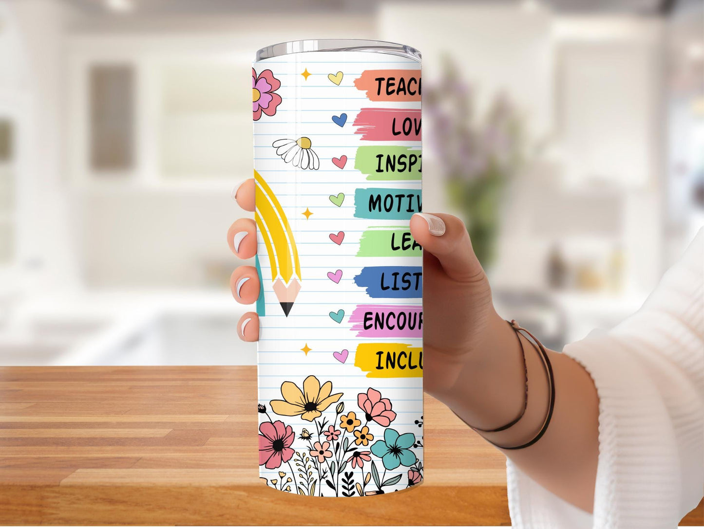 Teacher Pencil Rainbow And Floral Personalized 20oz Tumbler