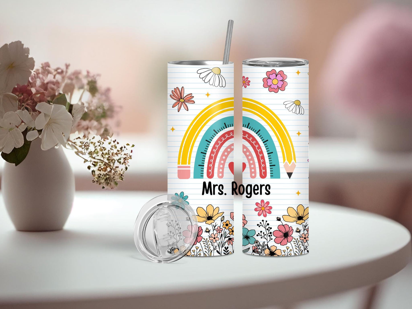 Teacher Pencil Rainbow And Floral Personalized 20oz Tumbler