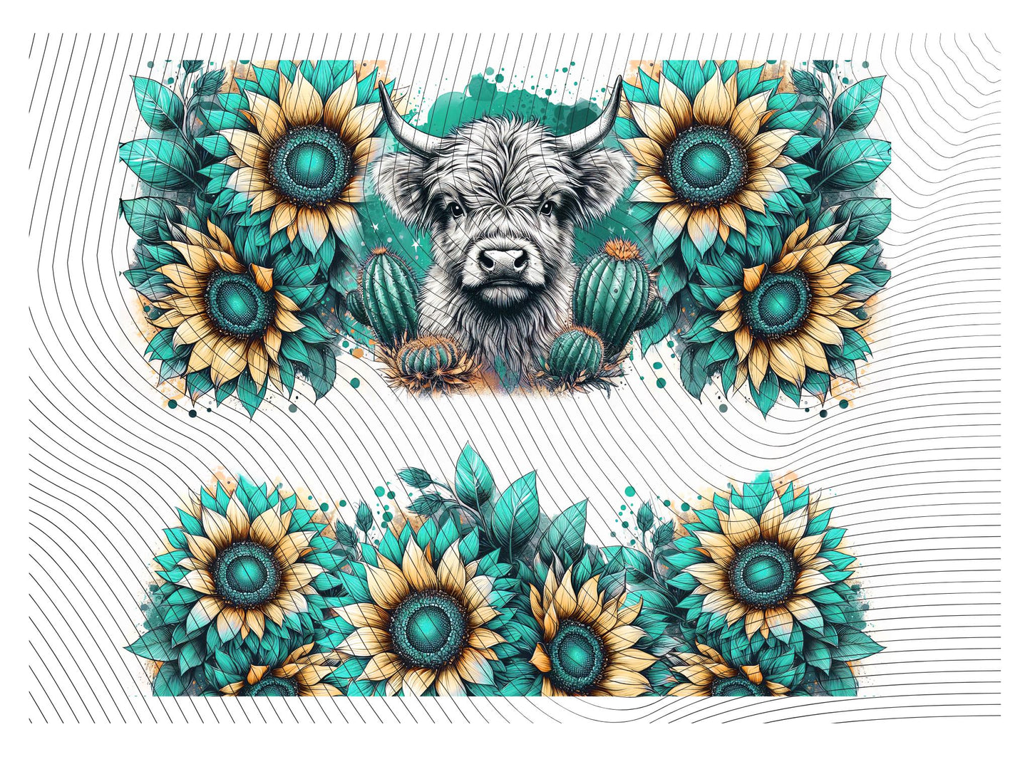 Teal And Yellow Sunflowers With Highland Cow 40oz Tumbler