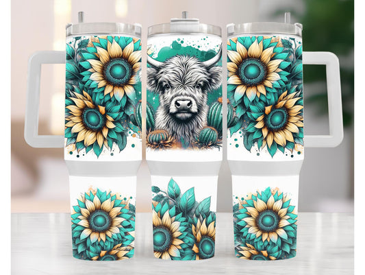Teal And Yellow Sunflowers With Highland Cow 40oz Tumbler