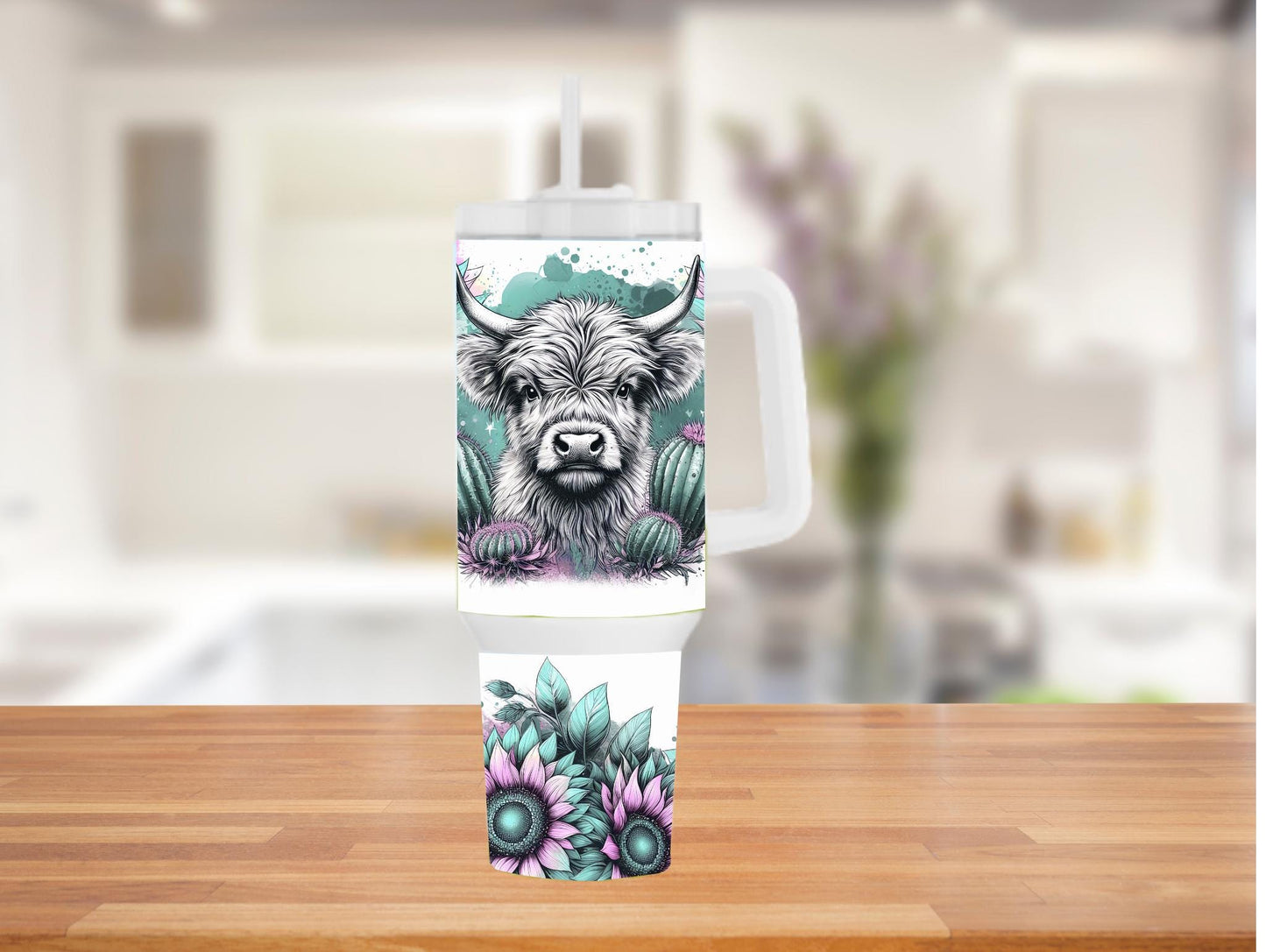 Purple And Teal Sunflower Highland Cow 40oz Tumbler