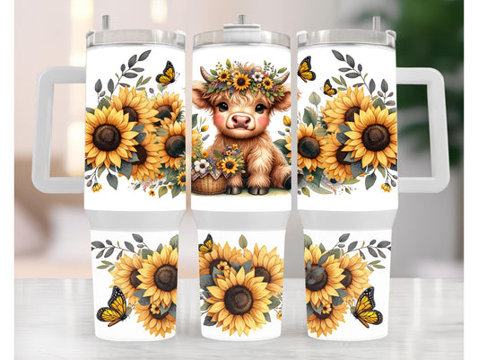Highland Cow With Yellow Sunflowers 40oz Tumbler