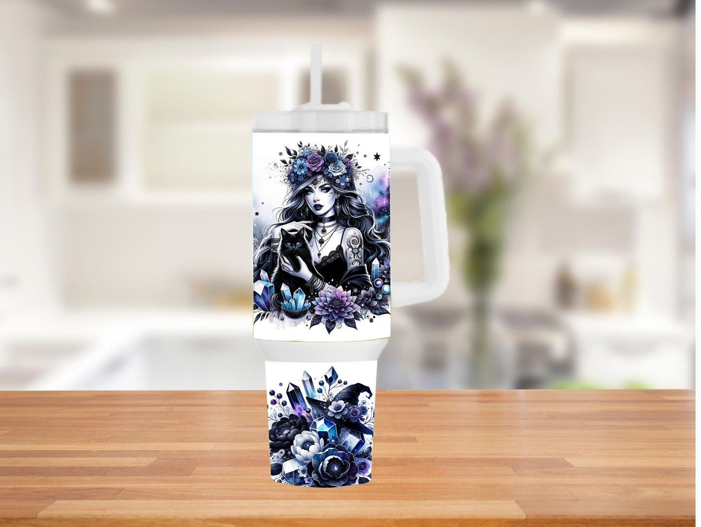 Purple And Black Witchy Girl With Black Cat 40oz Tumbler