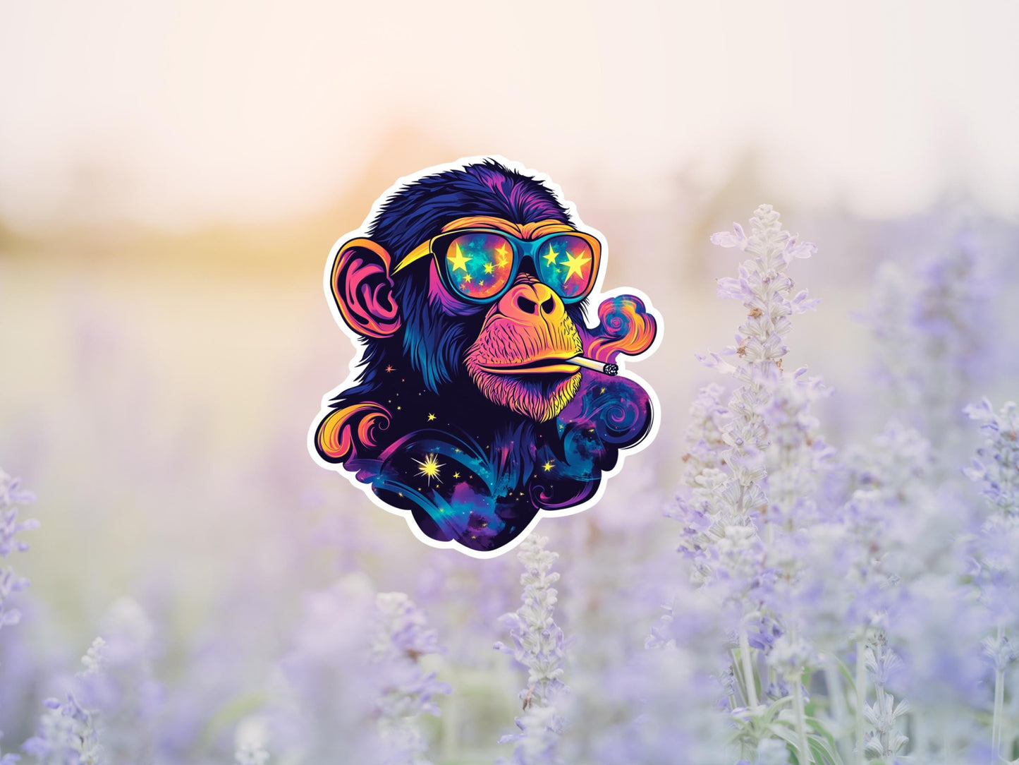 Neon Pop Art Monkey With Star Glasses and Cigarette Sticker