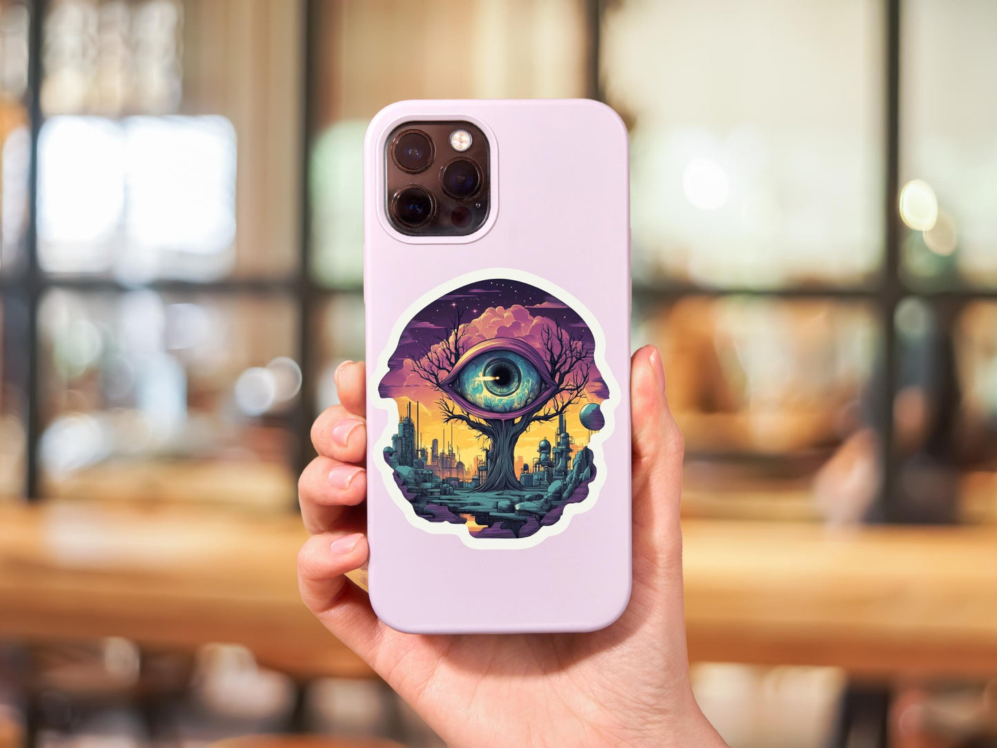 Surreal Sci-Fi Eye In Tree, Floating City Sticker