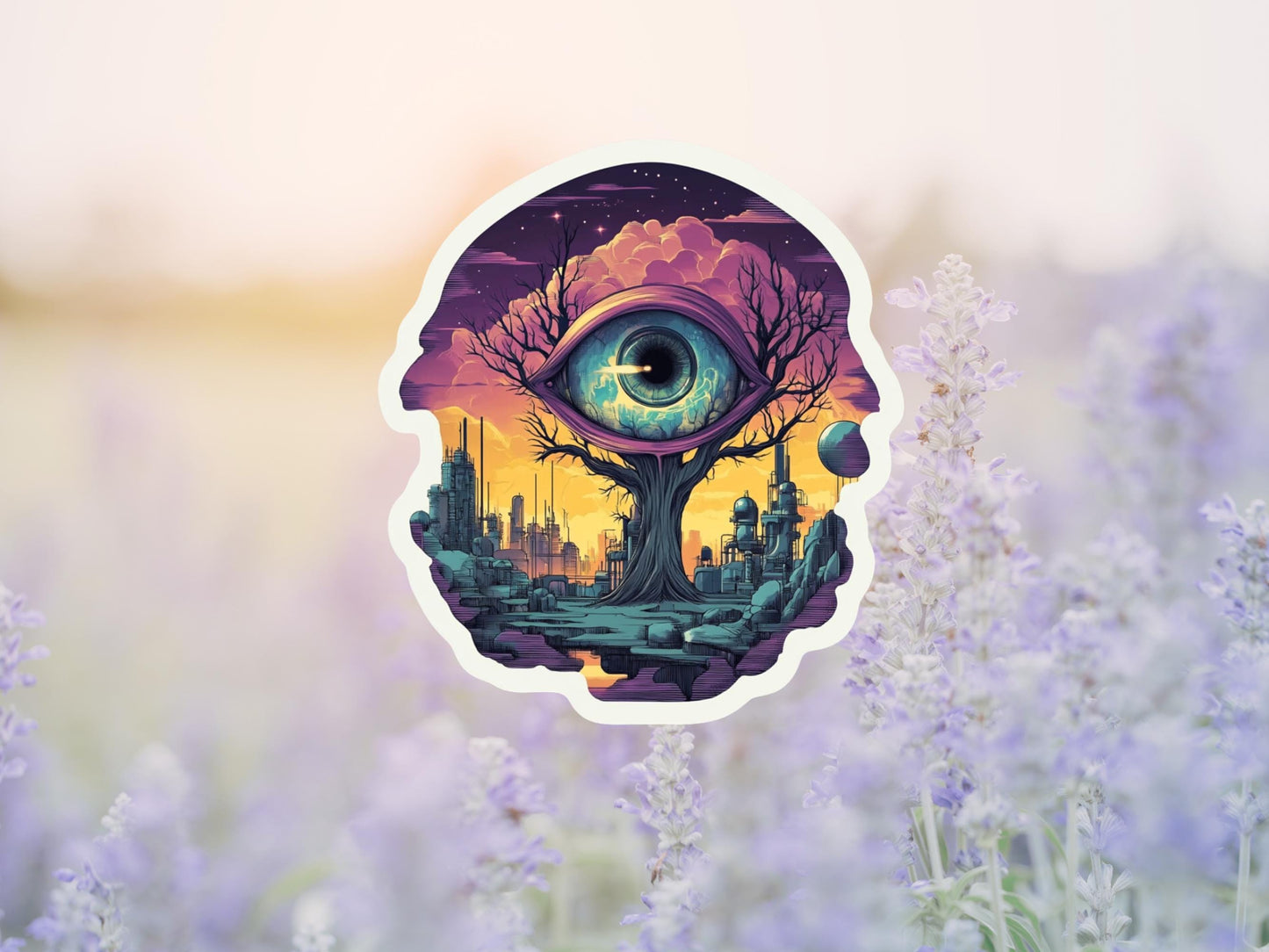 Surreal Sci-Fi Eye In Tree, Floating City Sticker