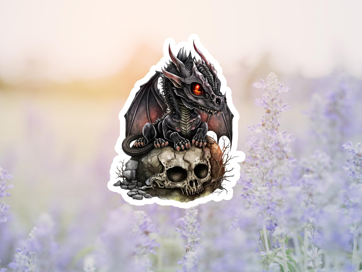Fantasy Black Dragon Sitting On A Skull With Rocks Sticker