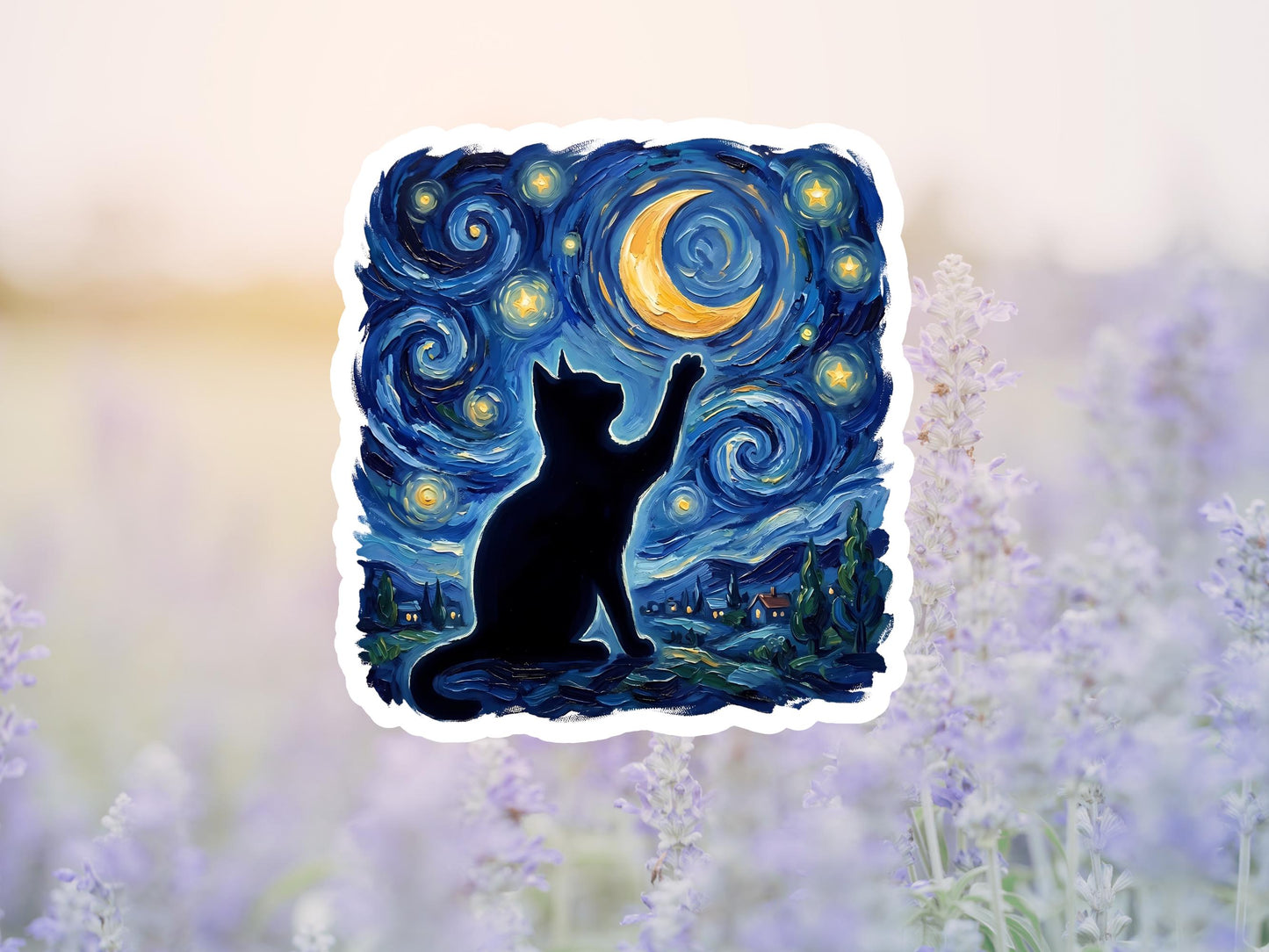 Starry Night Sky And Moon Black Cat Sticker