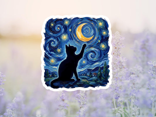 Starry Night Sky And Moon Black Cat Sticker