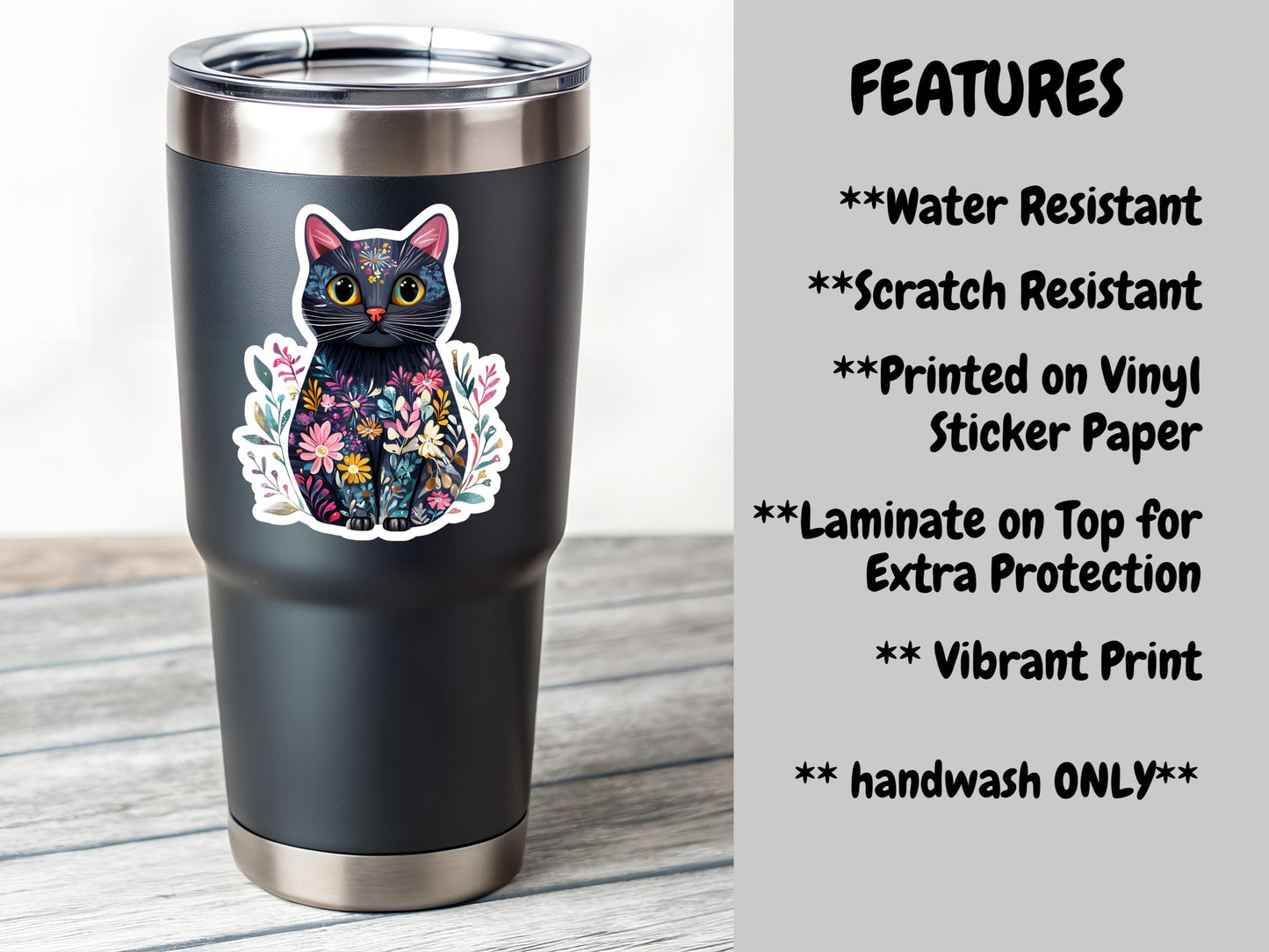Black Cat With Flowers Sticker