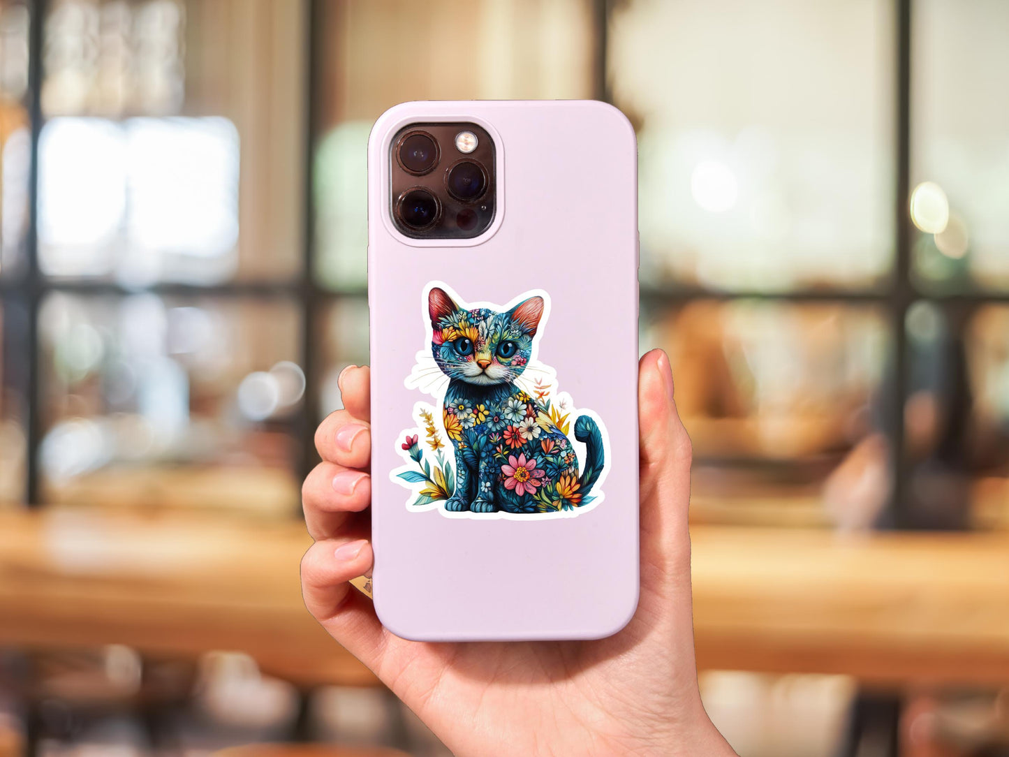 Blue Cat With Flowers Sticker