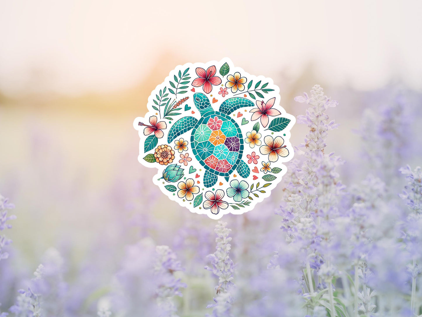 Tropical Turtle And Flowers Sticker