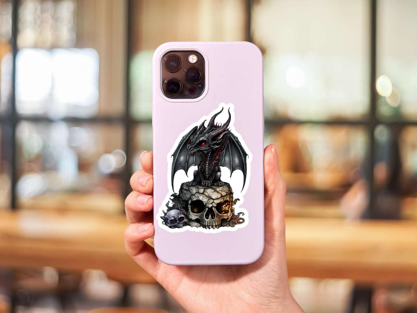 Fantasy Black Dragon Sitting On Skull Sticker