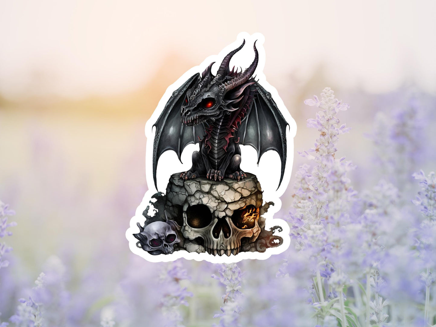Fantasy Black Dragon Sitting On Skull Sticker
