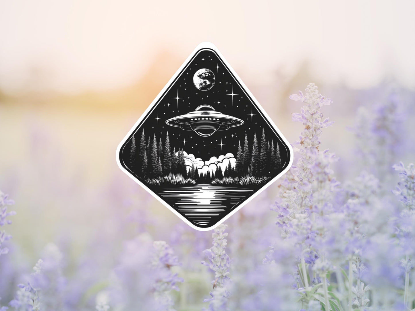 Black And White Spaceship Lake Sticker
