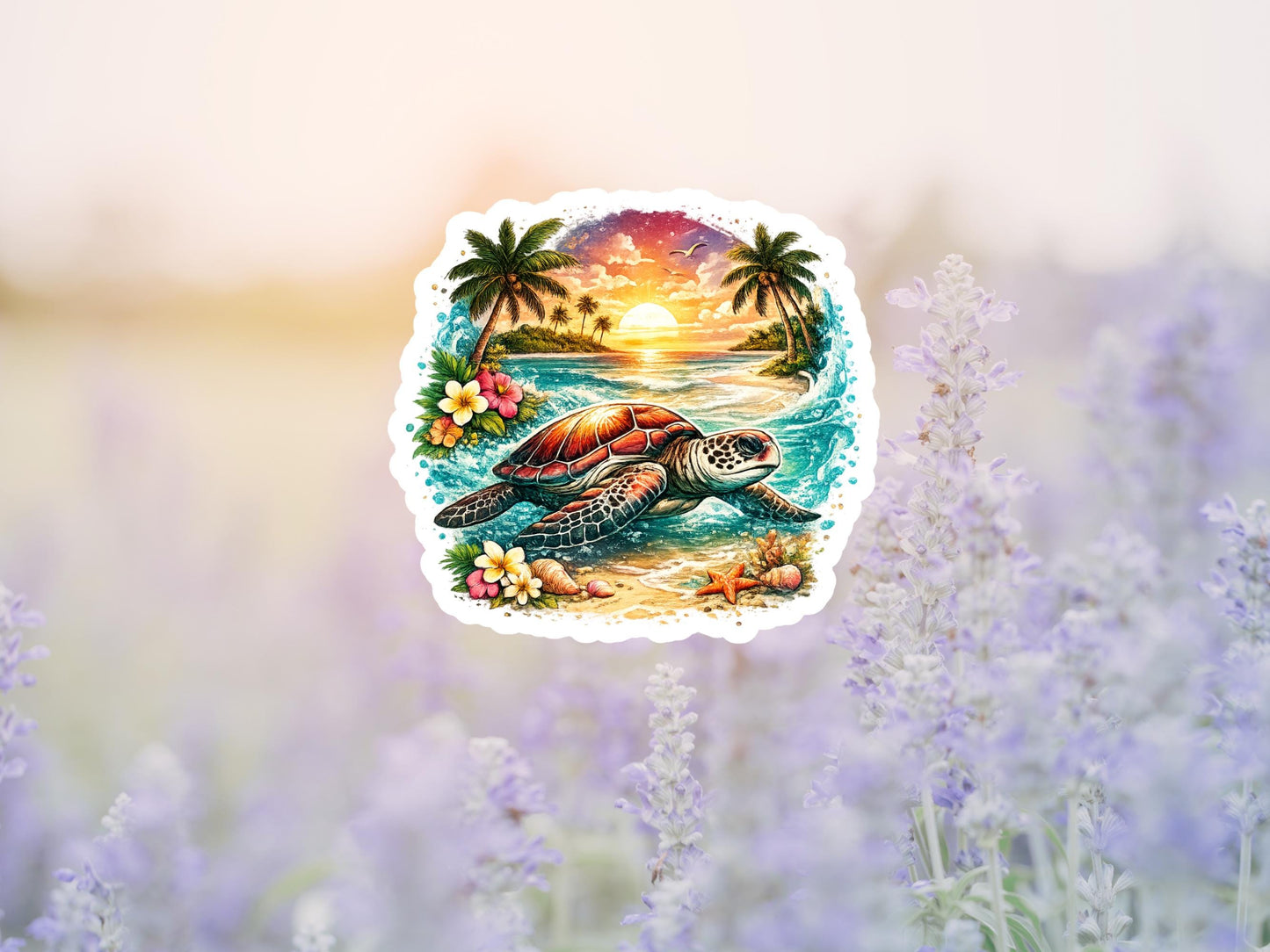 Tropical Sea Turtle And Ocean Sunset Sticker