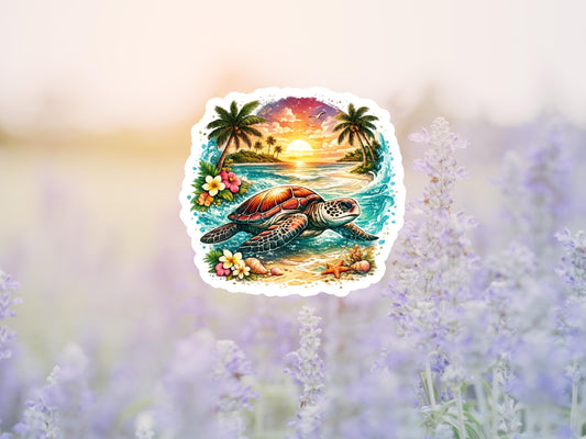 Tropical Sea Turtle And Ocean Sunset Sticker