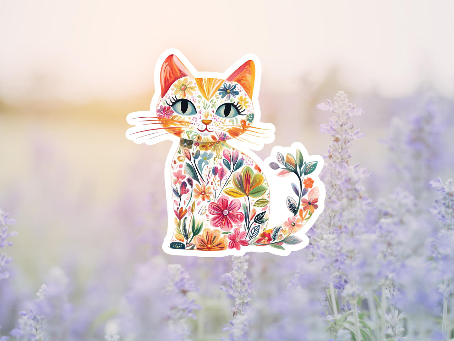 White Cat With Flowers Sticker
