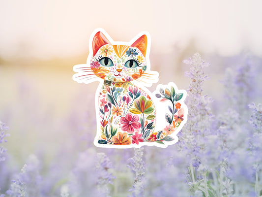 White Cat With Flowers Sticker