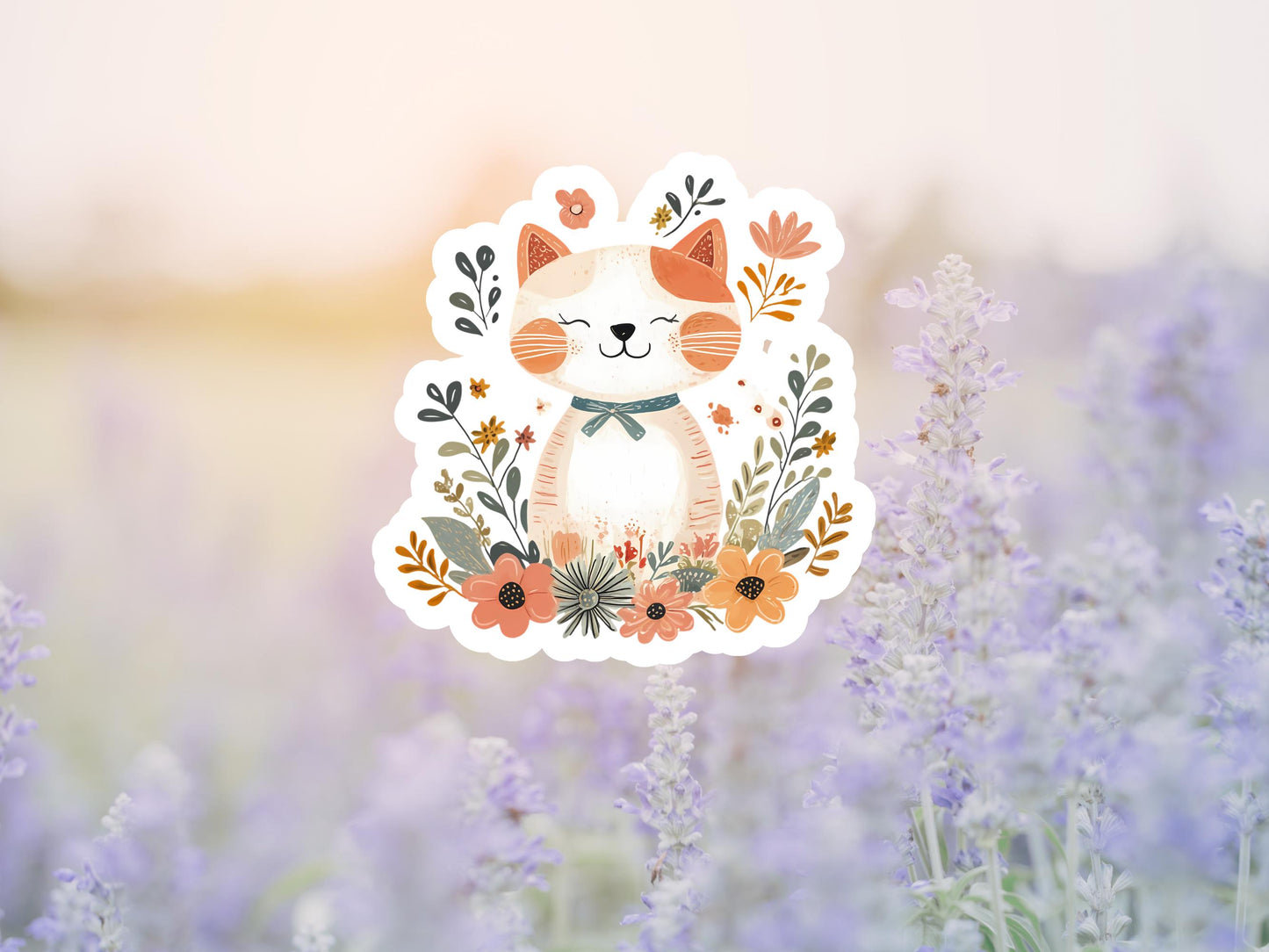 Boho Cat With Flowers Sticker