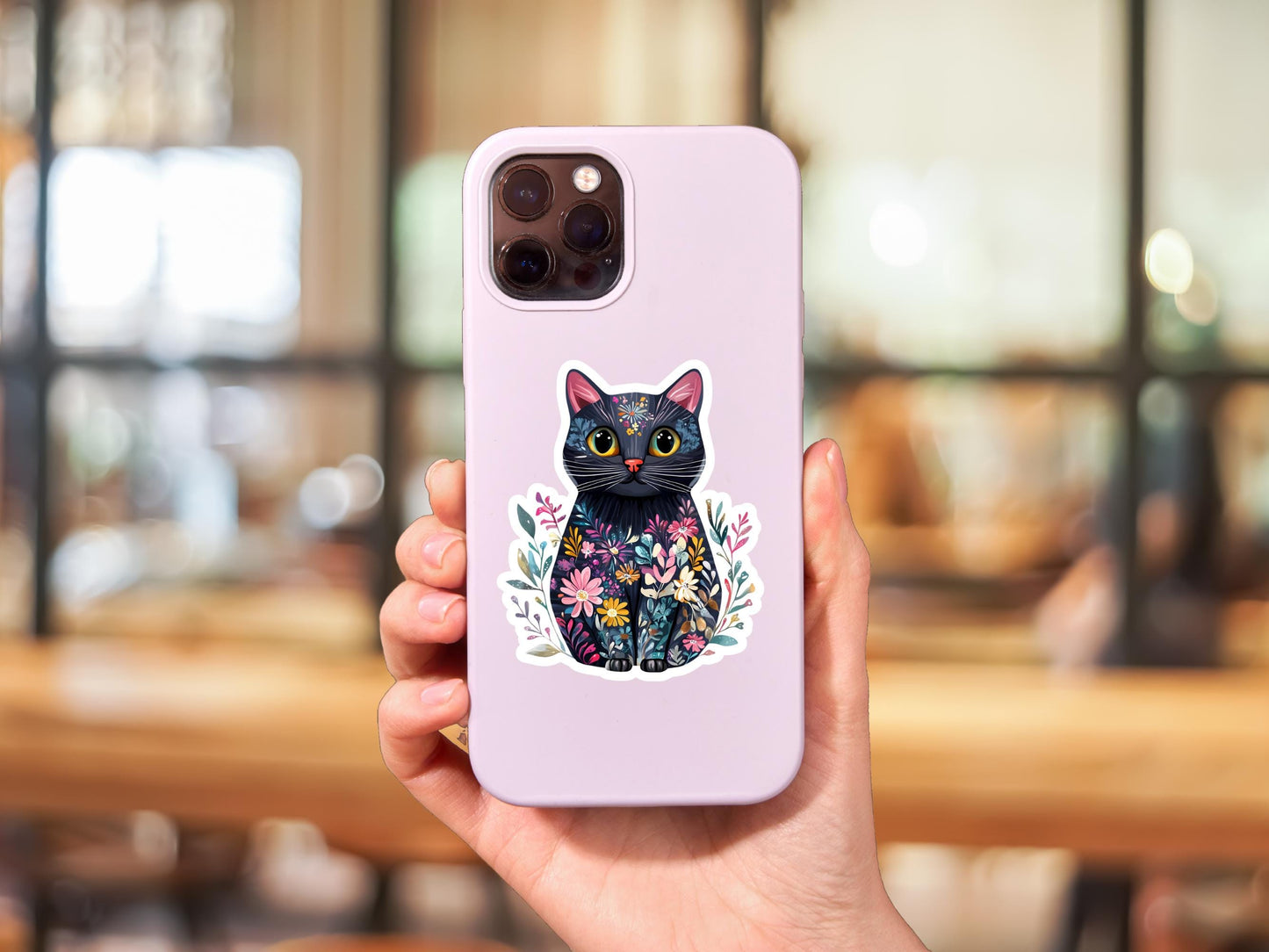 Black Cat With Flowers Sticker