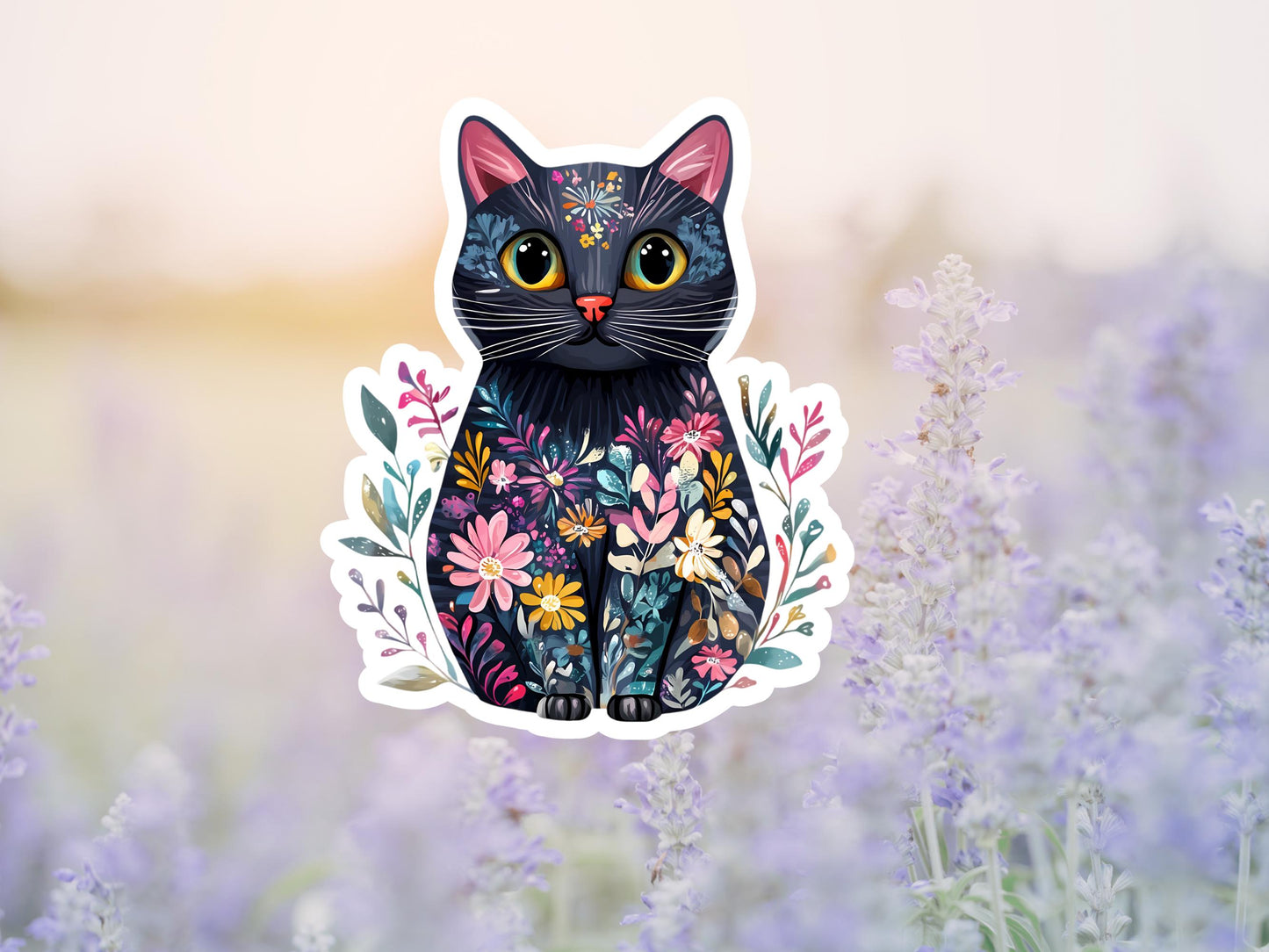 Black Cat With Flowers Sticker