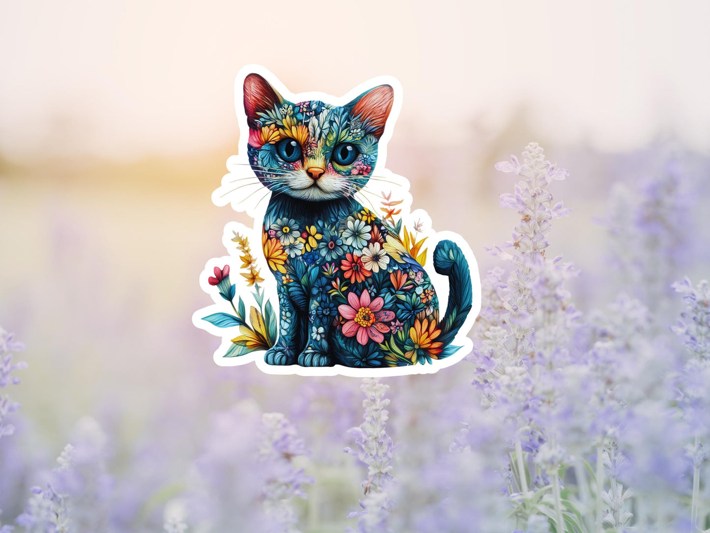 Blue Cat With Flowers Sticker